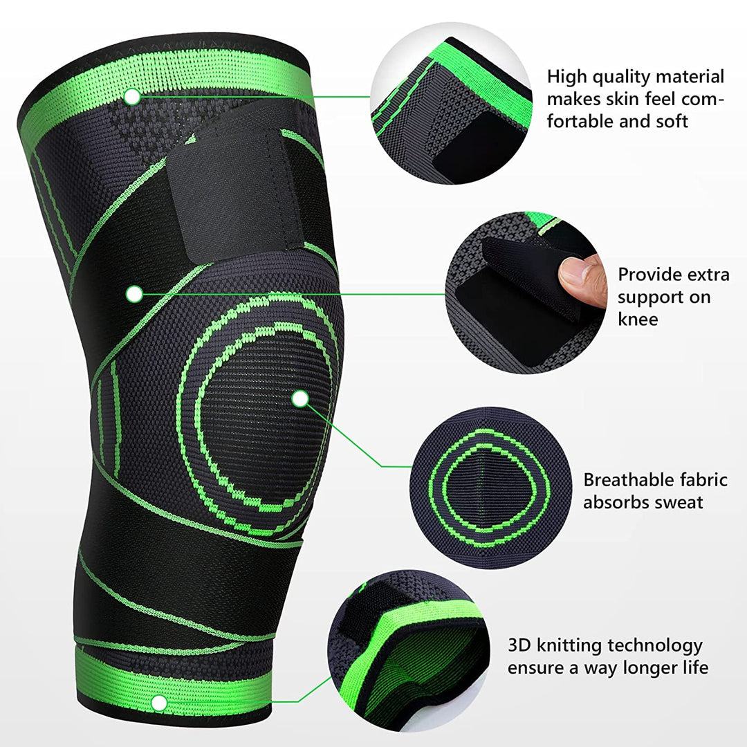 Unisex Aeroflux knee support brace for pain relief with adjustable straps, shown securely wrapped around a leg for stability.