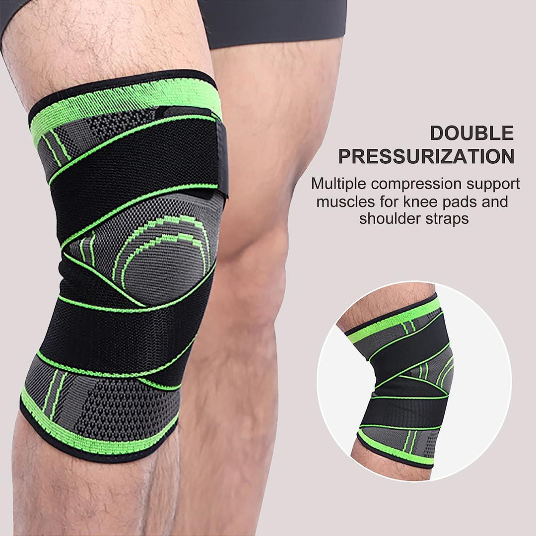 Unisex Aeroflux knee support brace for pain relief with adjustable straps, shown securely wrapped around a leg for stability.