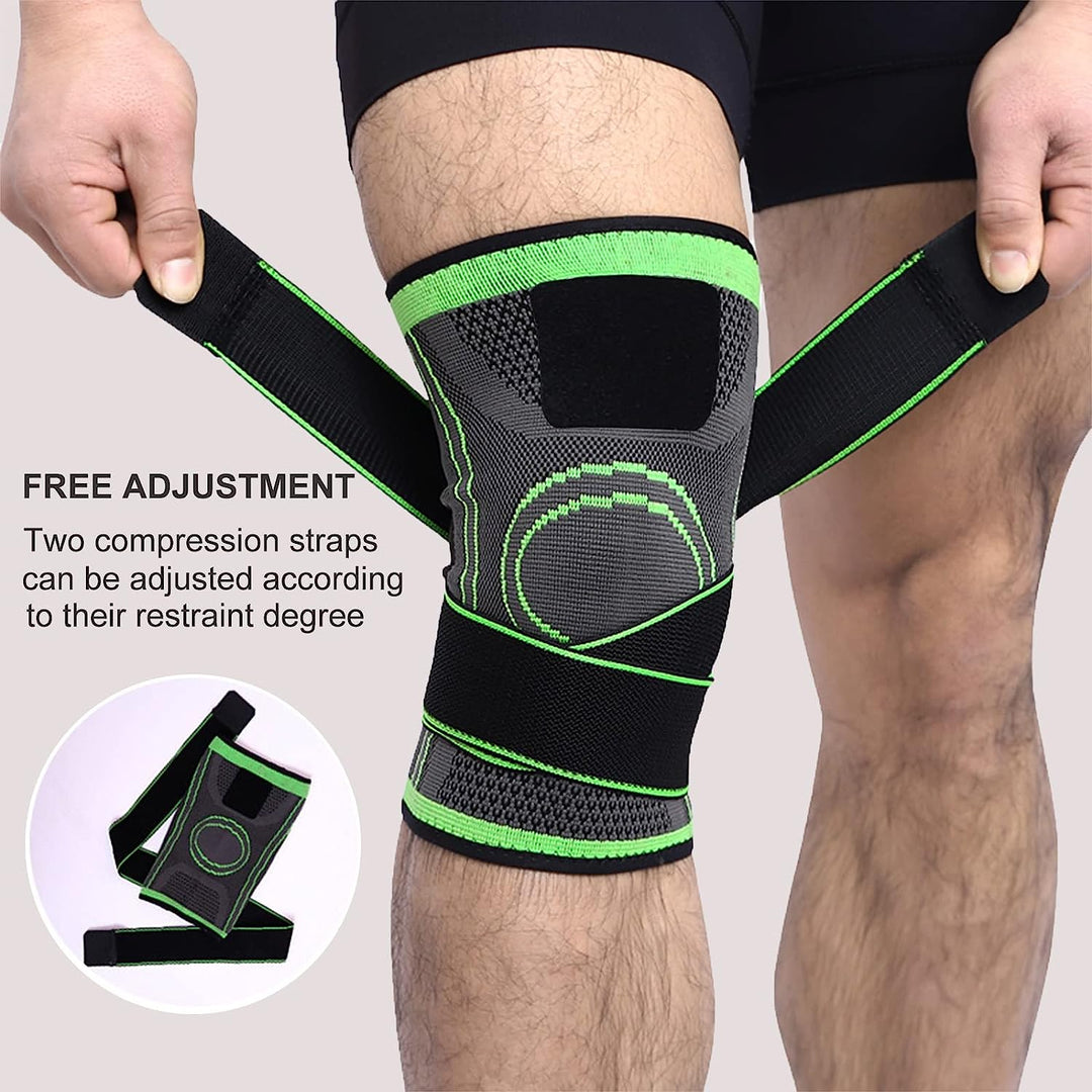 Unisex Aeroflux knee support brace for pain relief with adjustable straps, shown securely wrapped around a leg for stability.