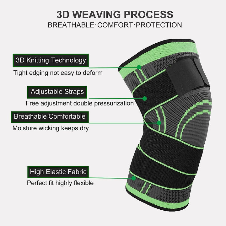 Unisex Aeroflux knee support brace for pain relief with adjustable straps, shown securely wrapped around a leg for stability.