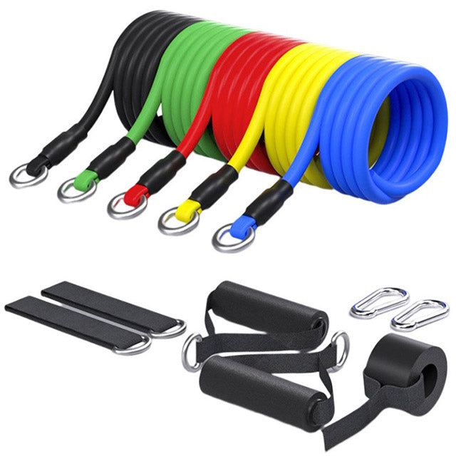"Unisex Fitness Resistance Band Set with 5 color-coded bands, non-slip handles, metal D-rings, and ankle straps for workouts.