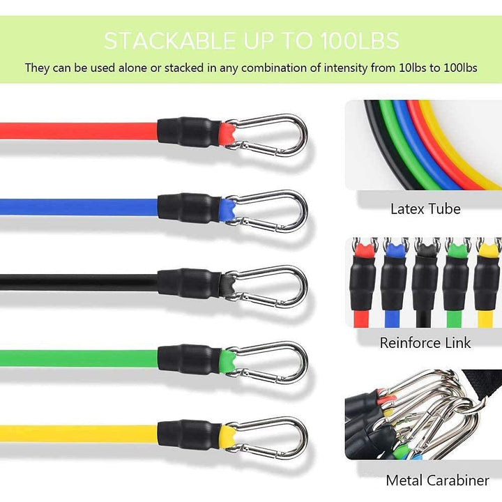 "Unisex Fitness Resistance Band Set with 5 color-coded bands, non-slip handles, metal D-rings, and ankle straps for workouts.