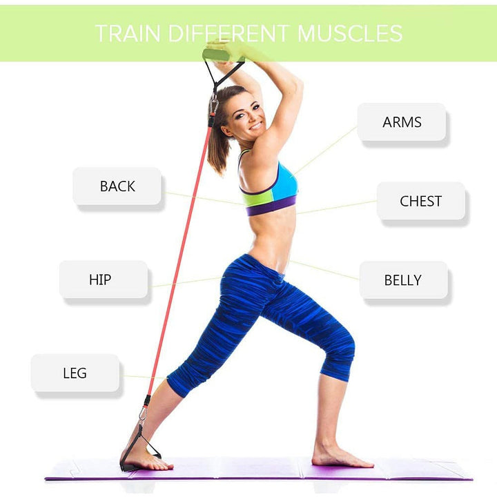 "Unisex Fitness Resistance Band Set with 5 color-coded bands, non-slip handles, metal D-rings, and ankle straps for workouts.