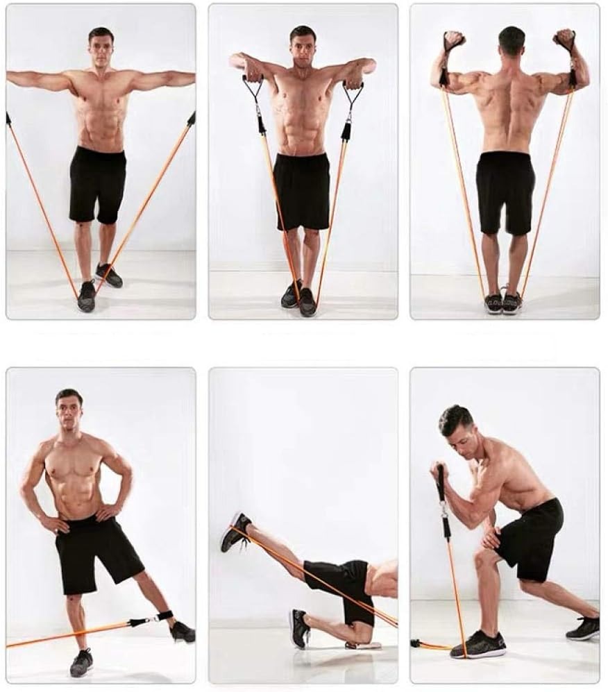 "Unisex Fitness Resistance Band Set with 5 color-coded bands, non-slip handles, metal D-rings, and ankle straps for workouts.