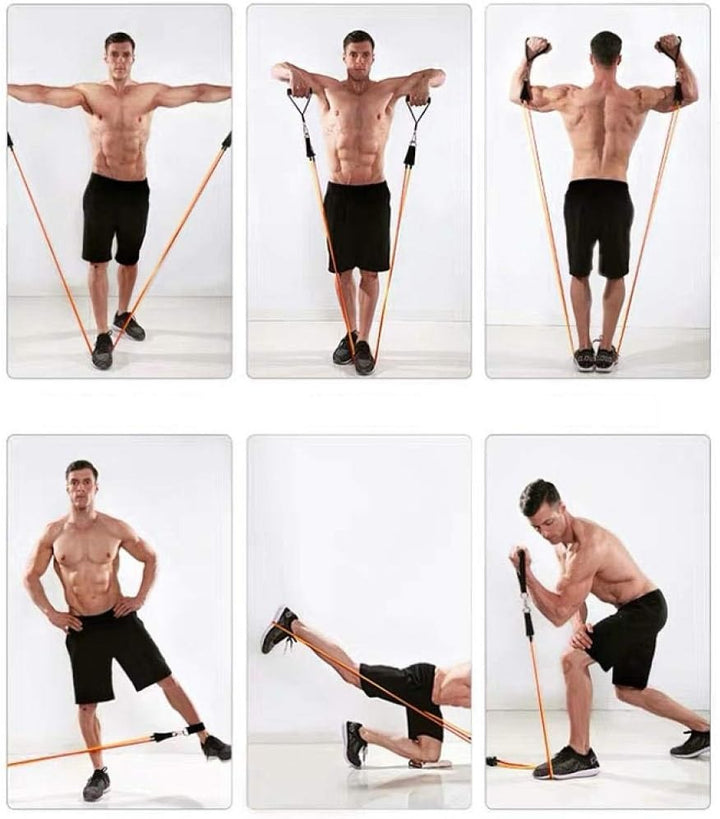 "Unisex Fitness Resistance Band Set with 5 color-coded bands, non-slip handles, metal D-rings, and ankle straps for workouts.