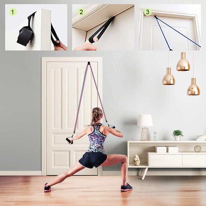 "Unisex Fitness Resistance Band Set with 5 color-coded bands, non-slip handles, metal D-rings, and ankle straps for workouts.