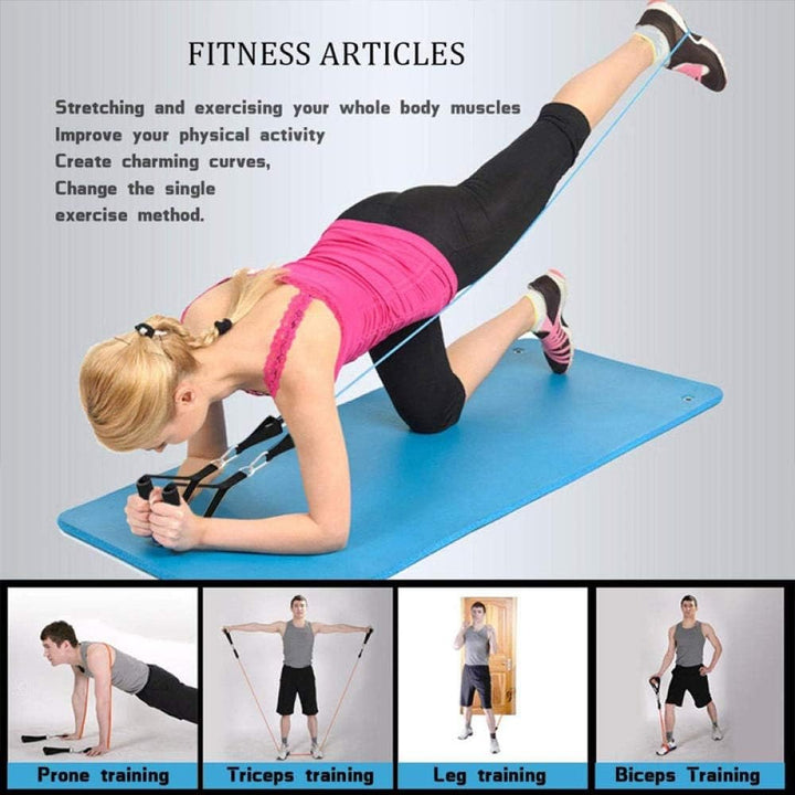 "Unisex Fitness Resistance Band Set with 5 color-coded bands, non-slip handles, metal D-rings, and ankle straps for workouts.