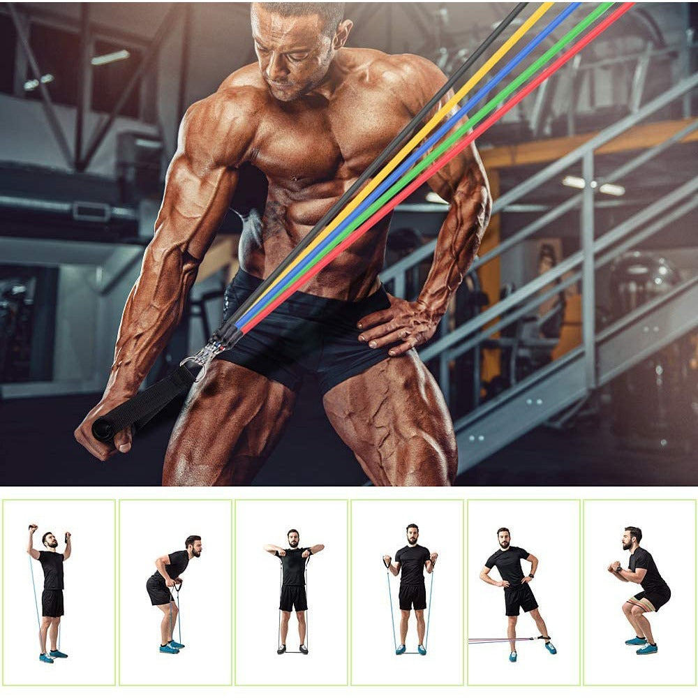 "Unisex Fitness Resistance Band Set with 5 color-coded bands, non-slip handles, metal D-rings, and ankle straps for workouts.