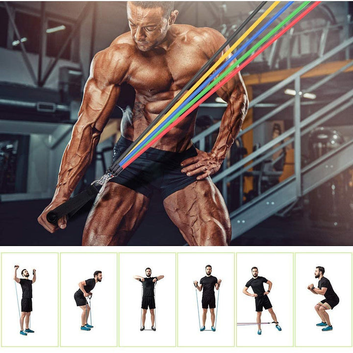 "Unisex Fitness Resistance Band Set with 5 color-coded bands, non-slip handles, metal D-rings, and ankle straps for workouts.
