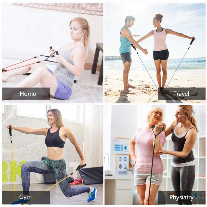 "Unisex Fitness Resistance Band Set with 5 color-coded bands, non-slip handles, metal D-rings, and ankle straps for workouts.