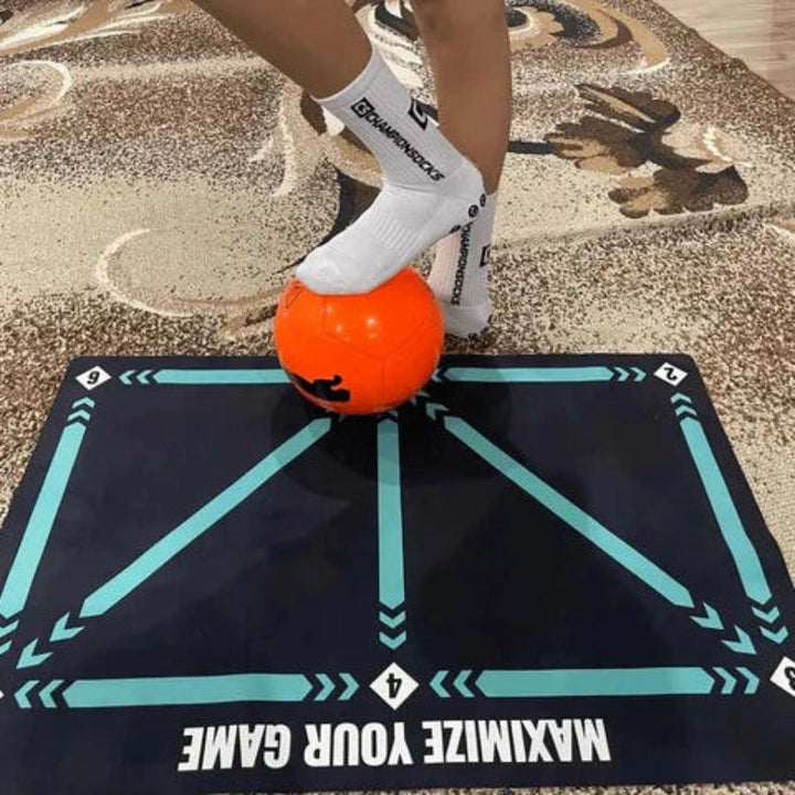"Unisex Football Pro Training Mat with agility drills guide; 90cm x 60cm, fits home spaces, enhances dribbling and endurance.