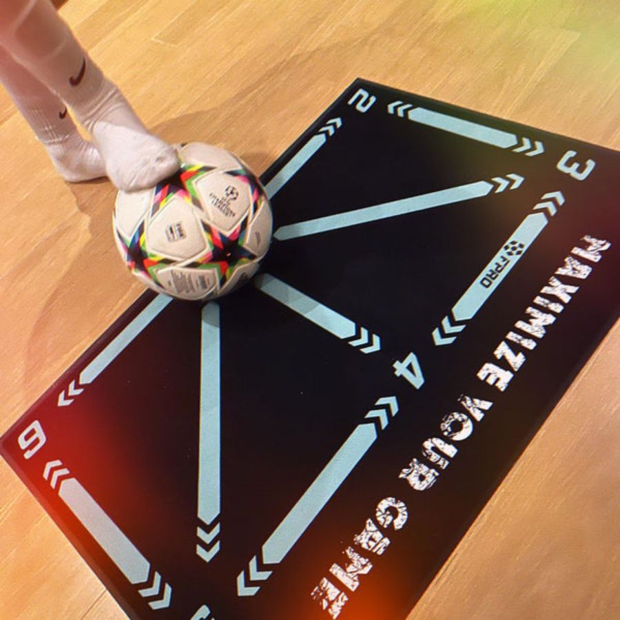 "Unisex Football Pro Training Mat with agility drills guide; 90cm x 60cm, fits home spaces, enhances dribbling and endurance.