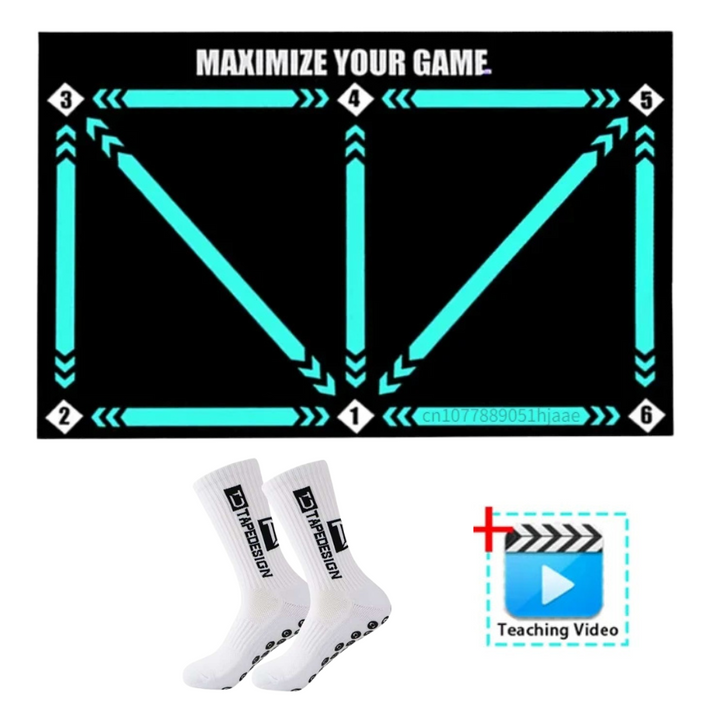 "Unisex Football Pro Training Mat with agility drills guide; 90cm x 60cm, fits home spaces, enhances dribbling and endurance.