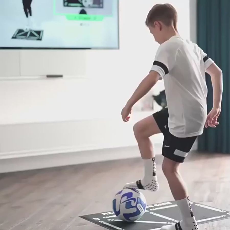 "Unisex Football Pro Training Mat with agility drills guide; 90cm x 60cm, fits home spaces, enhances dribbling and endurance.