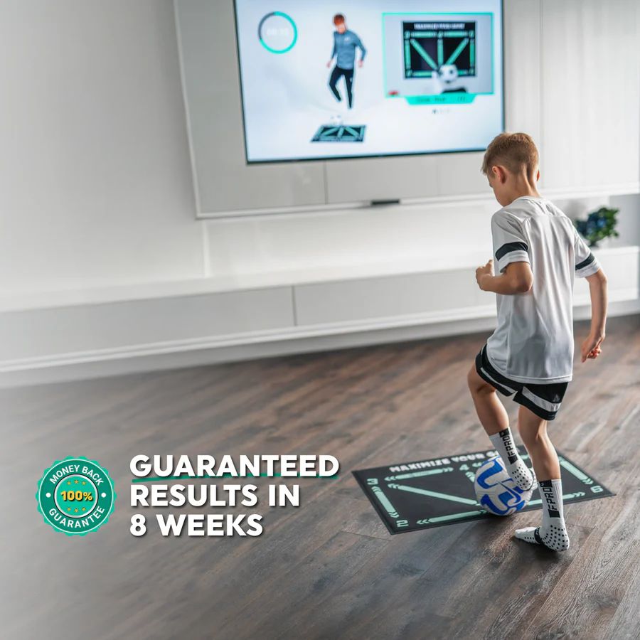"Unisex Football Pro Training Mat with agility drills guide; 90cm x 60cm, fits home spaces, enhances dribbling and endurance.