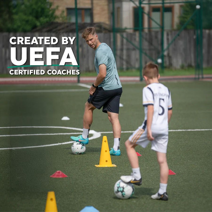 "Unisex Football Pro Training Mat with agility drills guide; 90cm x 60cm, fits home spaces, enhances dribbling and endurance.