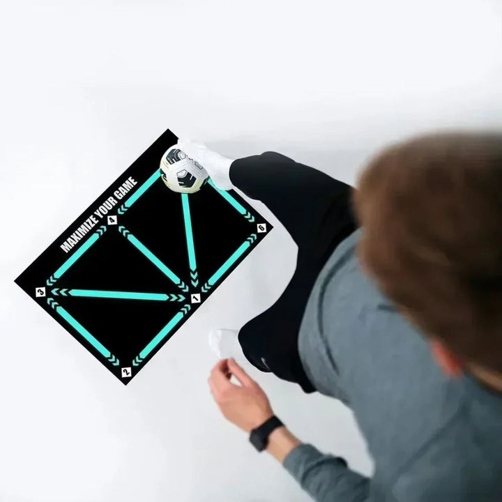 "Unisex Football Pro Training Mat with agility drills guide; 90cm x 60cm, fits home spaces, enhances dribbling and endurance.