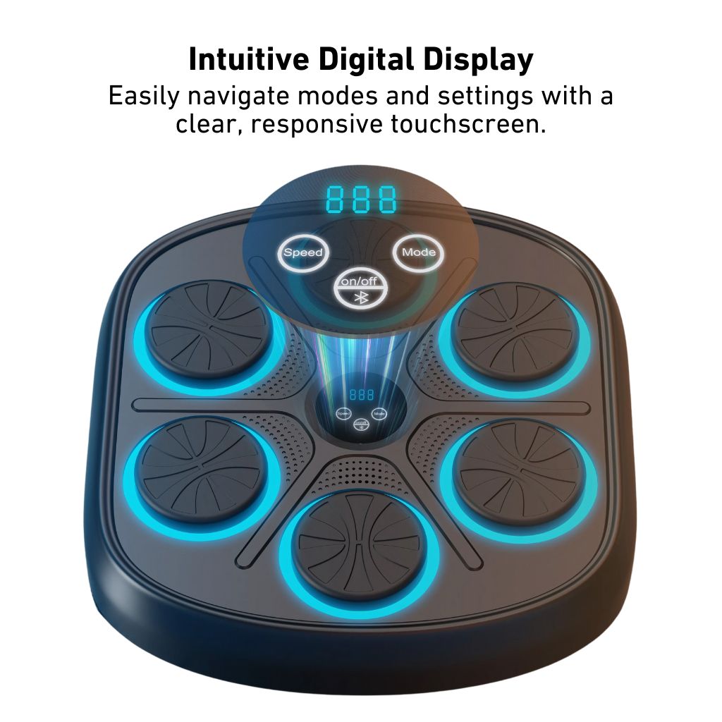 Unisex Rhythm Punch Pro Boxing Trainer with digital display, rhythm lights, and smartphone connectivity for interactive fitne