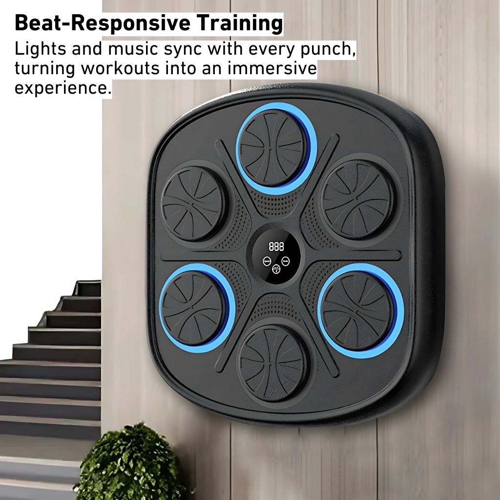 Unisex Rhythm Punch Pro Boxing Trainer with digital display, rhythm lights, and smartphone connectivity for interactive fitne