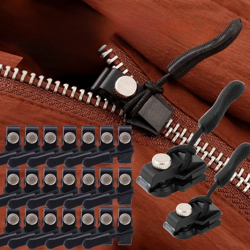 "Universal no-sew zipper repair clip shown for fast and easy tool-free fixing of broken zippers on jackets and bags."