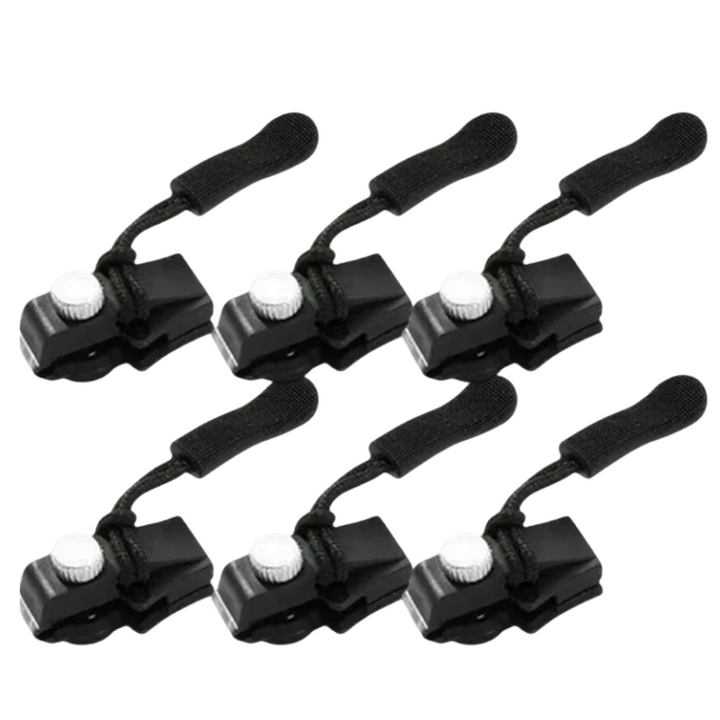 "Universal no-sew zipper repair clip shown for fast and easy tool-free fixing of broken zippers on jackets and bags."