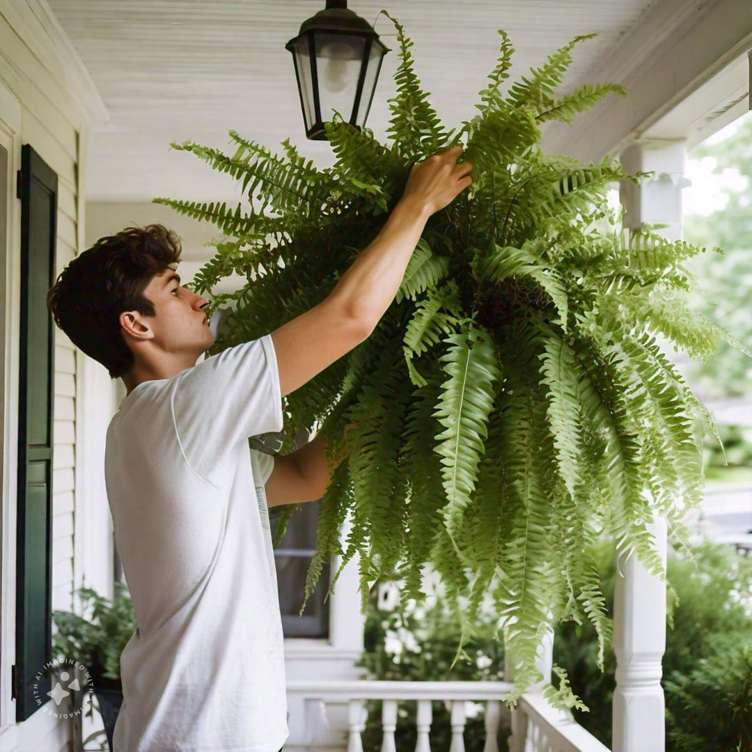 "UV-resistant faux Boston fern, lush greenery for outdoor décor, detailed realistic leaves, ideal for gardens and patios."
