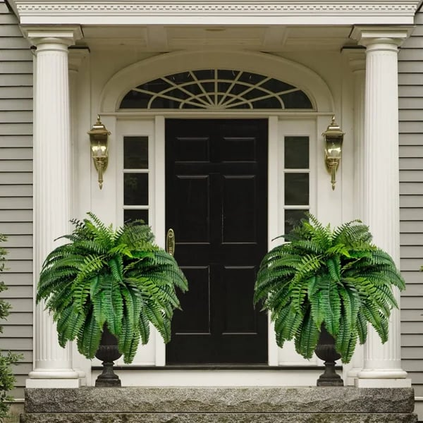 "UV-resistant faux Boston fern, lush greenery for outdoor décor, detailed realistic leaves, ideal for gardens and patios."