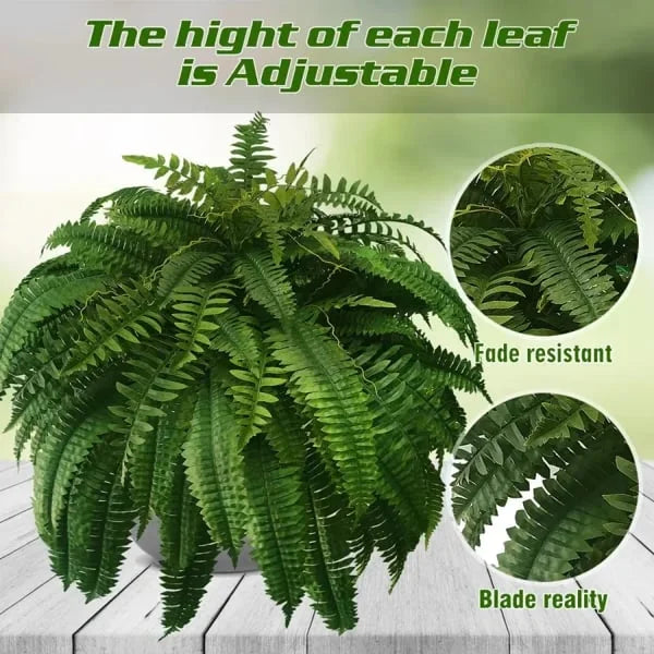 "UV-resistant faux Boston fern, lush greenery for outdoor décor, detailed realistic leaves, ideal for gardens and patios."