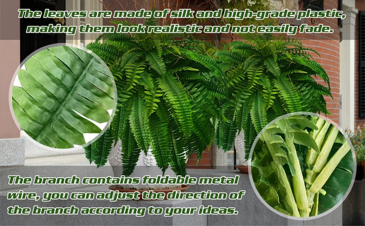 "UV-resistant faux Boston fern, lush greenery for outdoor décor, detailed realistic leaves, ideal for gardens and patios."