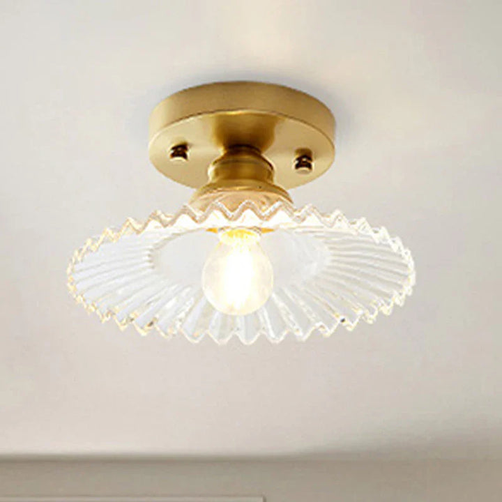 "Vintage-inspired ribbed glass ceiling lamp, green shade, semi-flush design, perfect for modern and classic interiors."