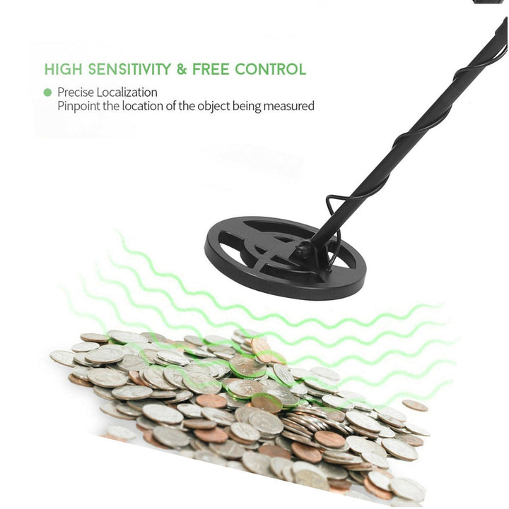 "Waterproof metal detector with adjustable height and HD display, designed for precision treasure hunts in any weather."