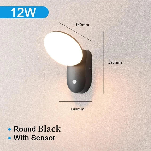 Waterproof outdoor LED wall light with PIR motion sensor, modern design, black aluminum, IP65 rated, enhancing exterior.