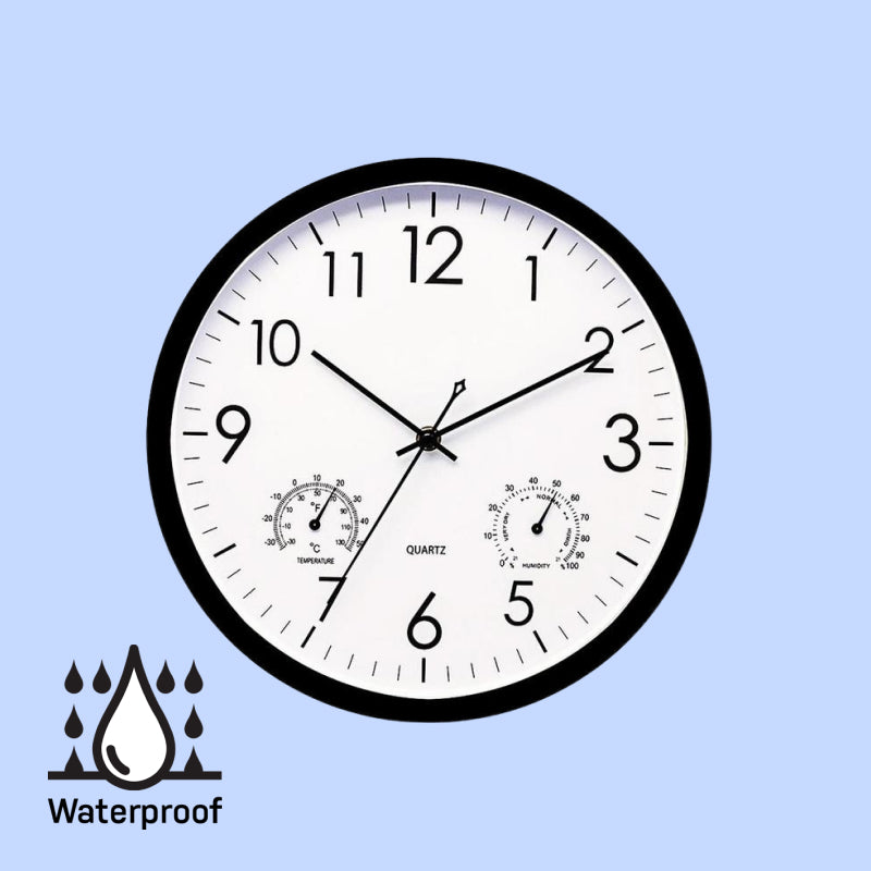 Weatherproof outdoor garden clock with retro design, large numbers, and integrated temperature gauge for style and functional