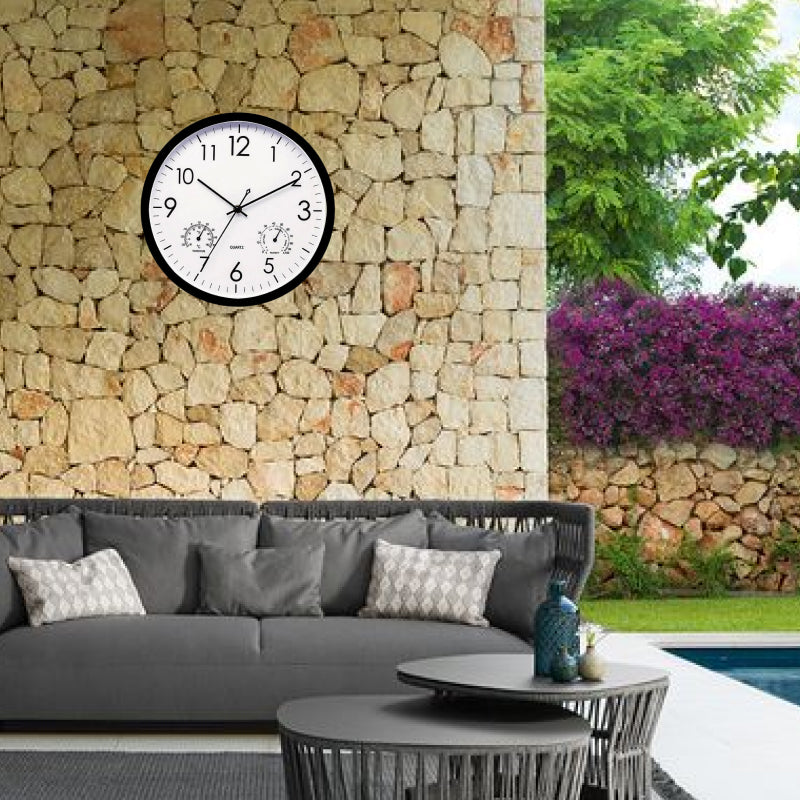 Weatherproof outdoor garden clock with retro design, large numbers, and integrated temperature gauge for style and functional