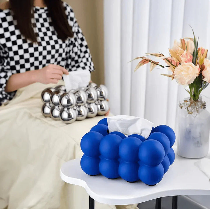 Whimsical ceramic tissue box with bubble design, modern home decor, premium porcelain, fits bedrooms and living rooms.