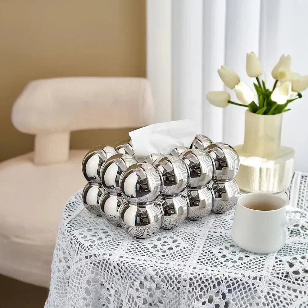 Whimsical ceramic tissue box with bubble design, modern home decor, premium porcelain, fits bedrooms and living rooms.