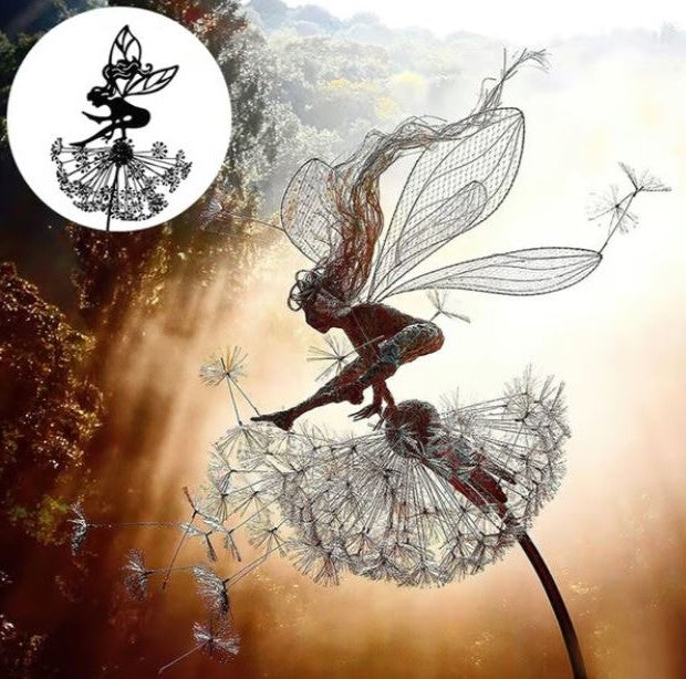 "Whimsical fairy sculpture in metal, posed on a dandelion; enchanting garden decor, adding fantasy to outdoor spaces."