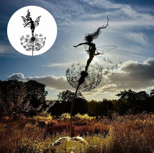 "Whimsical fairy sculpture in metal, posed on a dandelion; enchanting garden decor, adding fantasy to outdoor spaces."