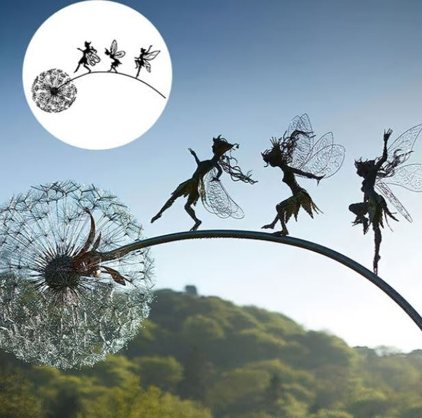 "Whimsical fairy sculpture in metal, posed on a dandelion; enchanting garden decor, adding fantasy to outdoor spaces."