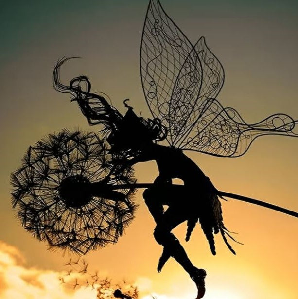 "Whimsical fairy sculpture in metal, posed on a dandelion; enchanting garden decor, adding fantasy to outdoor spaces."