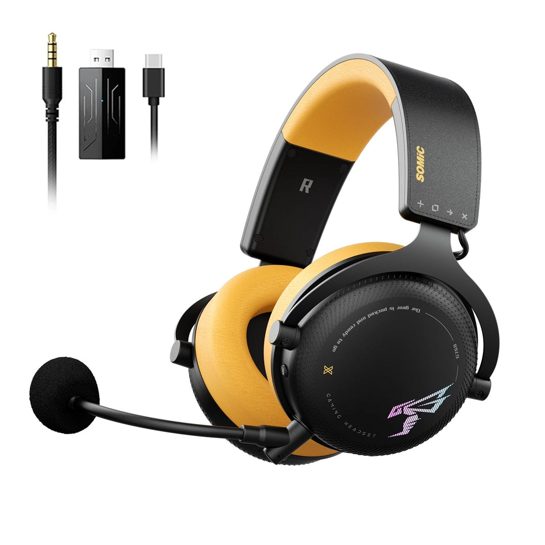 Wireless gaming headset with RGB lights, over-ear design, detachable mic, and triple connectivity for PC, PS5, PS4.