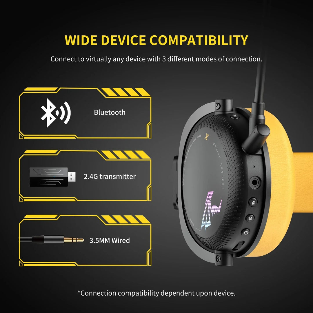 Wireless gaming headset with RGB lights, over-ear design, detachable mic, and triple connectivity for PC, PS5, PS4.