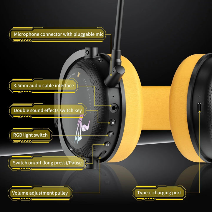 Wireless gaming headset with RGB lights, over-ear design, detachable mic, and triple connectivity for PC, PS5, PS4.