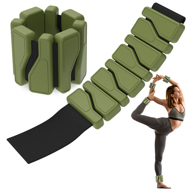 Women's adjustable silicone weights in sleek olive green, perfect for enhancing workouts. Suitable for wrists and ankles.