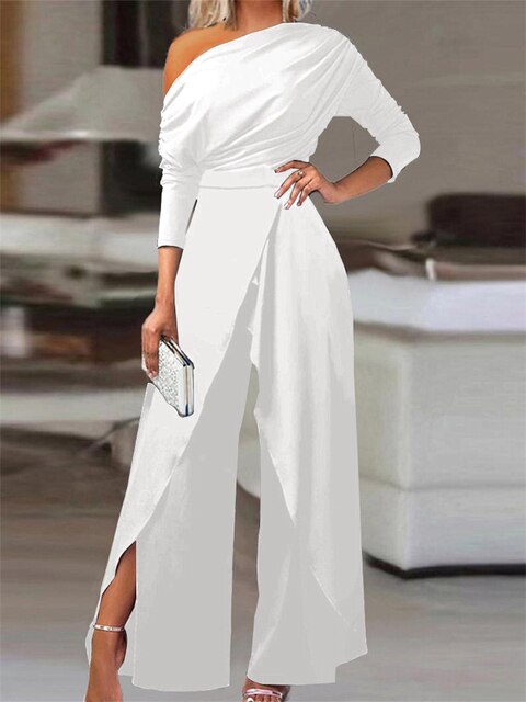 Women's elegant off-shoulder long sleeve jumpsuit with cinched waist, wide-leg design, creating a chic, sophisticated look.