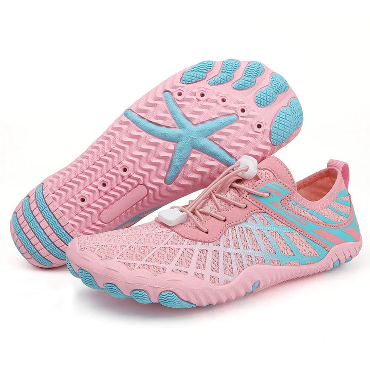 Women's quick-dry aqua shoes with non-slip sole, blue color, breathable mesh fabric, lightweight and sleek design.