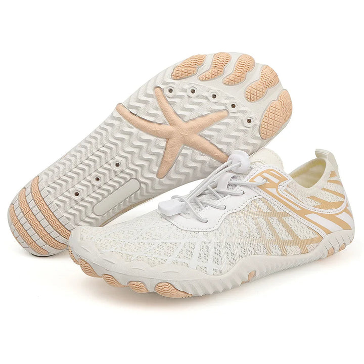 Women's quick-dry aqua shoes with non-slip sole, blue color, breathable mesh fabric, lightweight and sleek design.
