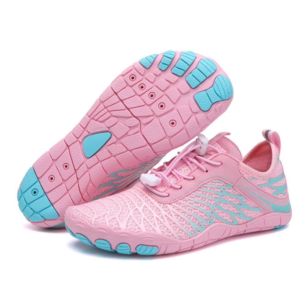 Women's quick-dry aqua shoes with non-slip sole, blue color, breathable mesh fabric, lightweight and sleek design.