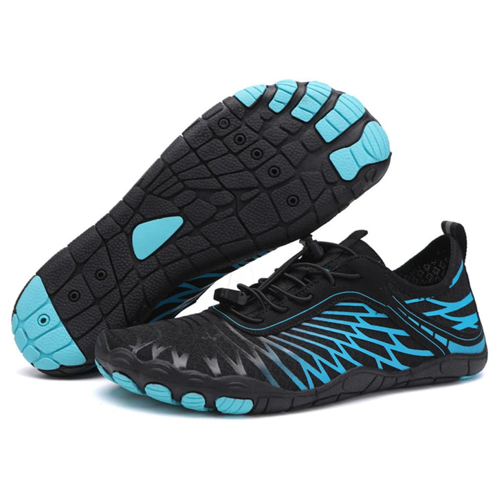 Women's quick-dry aqua shoes with non-slip sole, blue color, breathable mesh fabric, lightweight and sleek design.