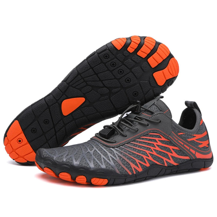 Women's quick-dry aqua shoes with non-slip sole, blue color, breathable mesh fabric, lightweight and sleek design.